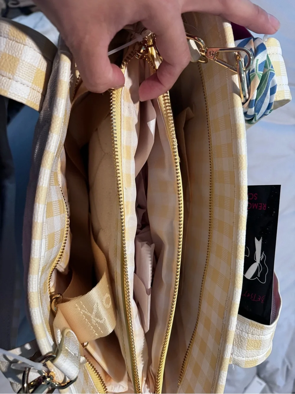 Betsey Johnson Cream Tote with Yellow Lemon Appliqué and Blue-Striped Scarf